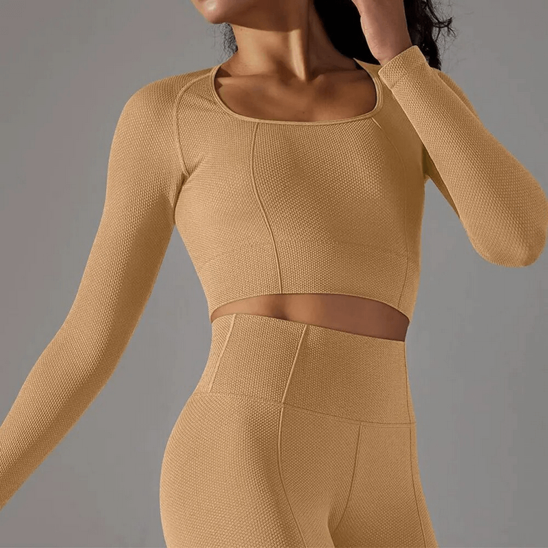 Women's seamless bodycon crop top with long sleeves, beige, ideal for yoga and running, showcasing fit and style, product code SF1686.